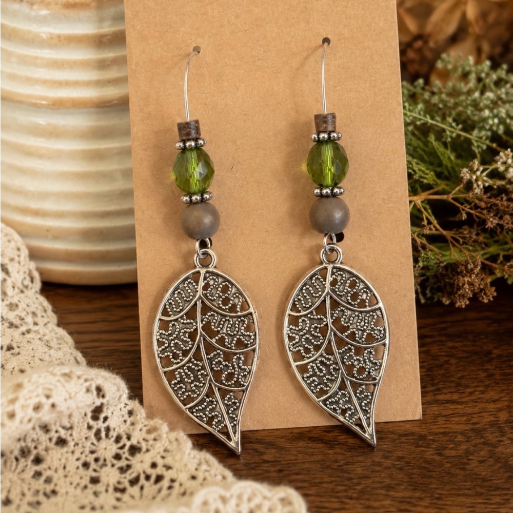Artisan Leaf Earrings Glass & Wood Beads Dangle Boho Woodland Nature